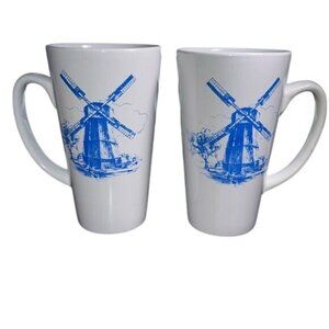 Set Of 2 Mark & Place White Ceramic Mugs With Blue Windmill Design 18 Oz Dishwas